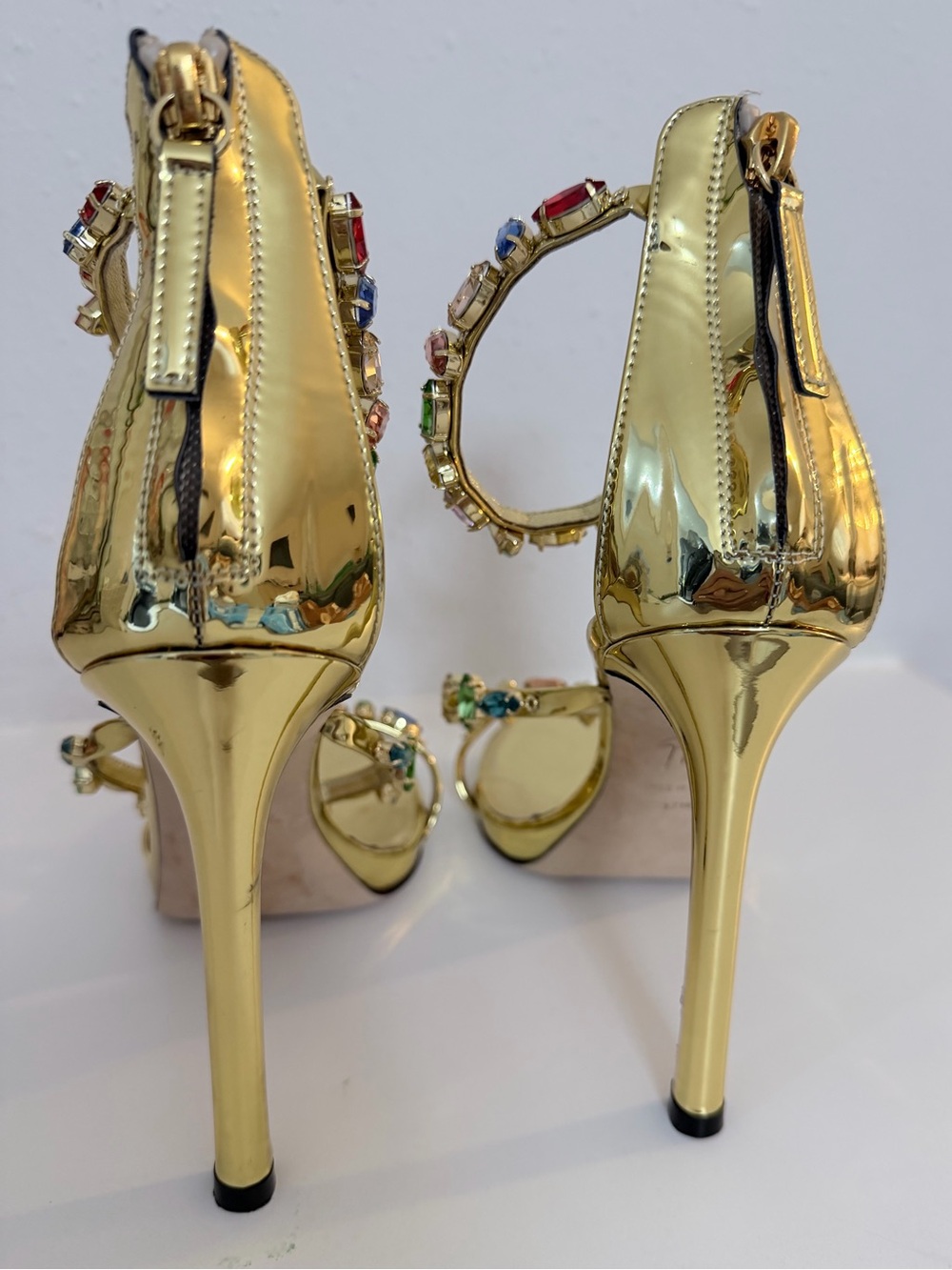 Giuseppe Zanotti Harmony Gold Jeweled Multicolor Crystal-Strap Heels size 37.5 - Picture 8 of 17